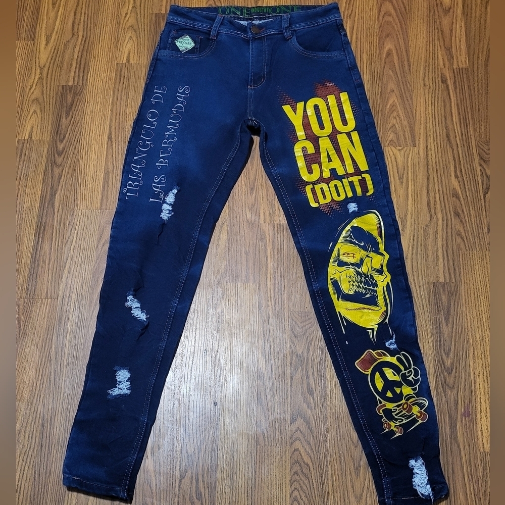 One Industry Mens Graphic Jeans W30 L31 You Can Do It Skull Y2K Streetwear Denim
